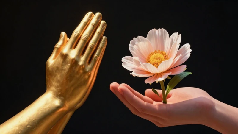 Manos contrastantes: oro rígido contra flor sincera