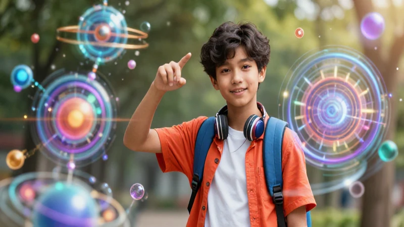 Adverbio de tiempo: Aprende sobre los adverbios de tiempo 6 Joven interactúa con tecnología temporal brillante