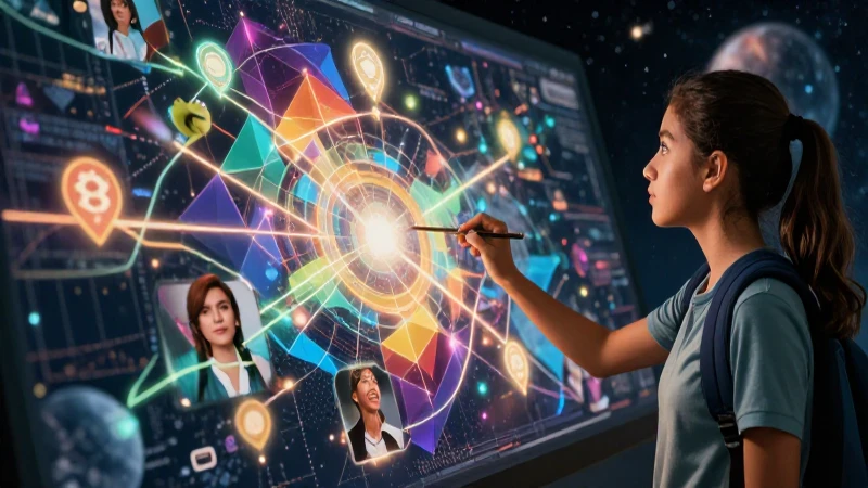 Estudiante contempla mapa conceptual vibrante