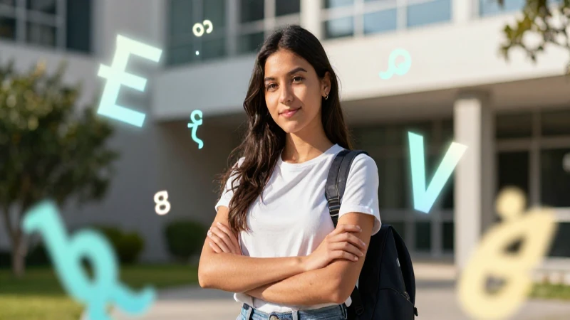 Joven latina confiada con elementos educativos luminosos
