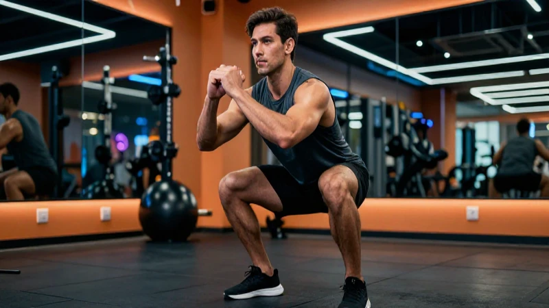 Atleta enfocada haciendo sentadillas en estudio dinámico
