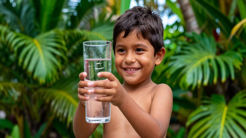 Niña mexicana sonriente sostiene agua