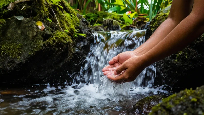 Agua pura fluye entre rocas verdes exuberantes
