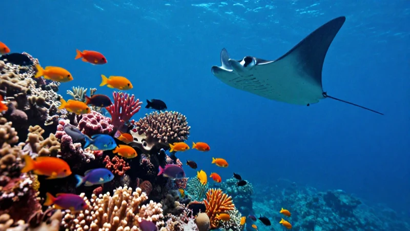 Reef vibrante, peces coloridos y tiburón majestuoso