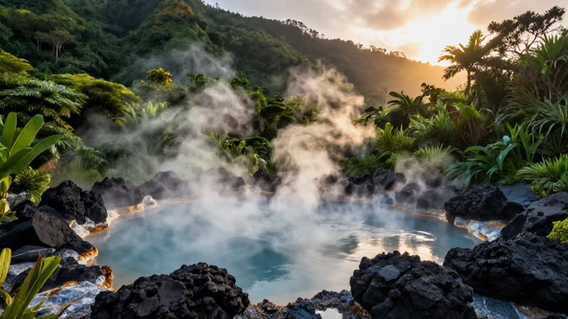 Aguas termominerales: tipos, propiedades y beneficios 8 Manantial de vapor en selva volcánica dramática