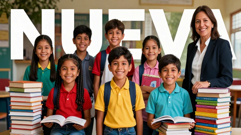 Ilustración detallada de estudiantes mexicanos felices y una maestra profesional