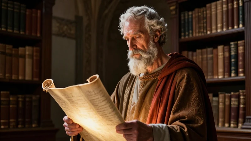 Augustine contempla un pergamino en una biblioteca épica
