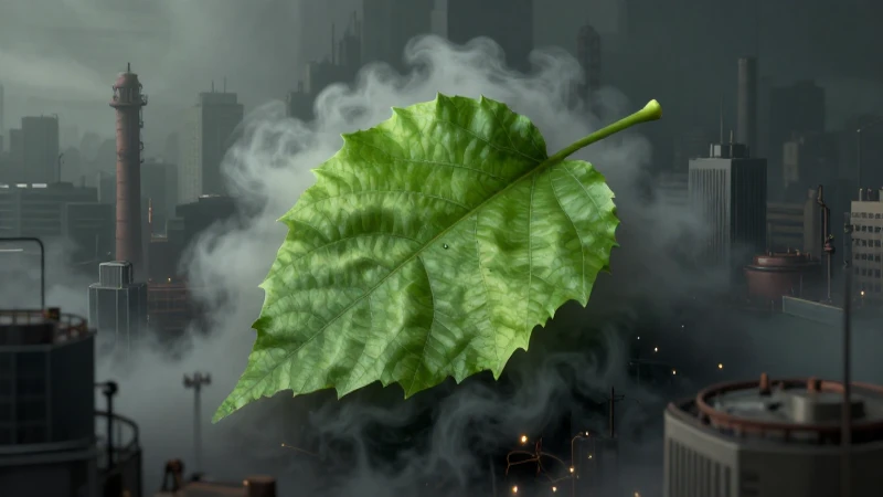 Hoja verde contrasta en gris industrial tóxico