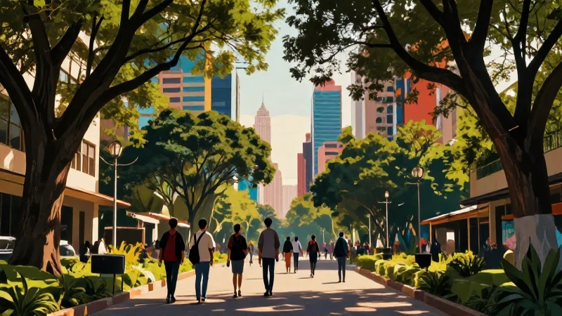Avenida mexicana con estudiantes bajo luz dorada
