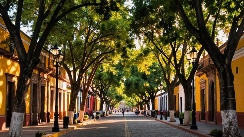 Boulevard histórico mexicano vibrante con atmósfera cinematográfica