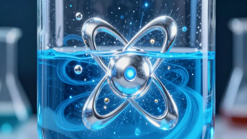 Átomo brillante en laboratorio con líquido eléctrico azul