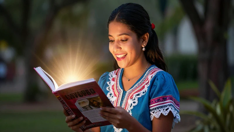 Estudiante mexicano alegre lee un libro brillante