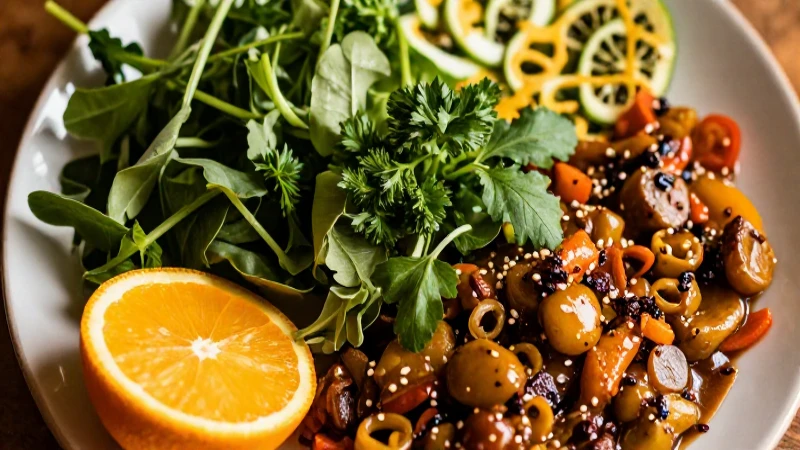Comida vibrante y elegante con iluminación cinematográfica