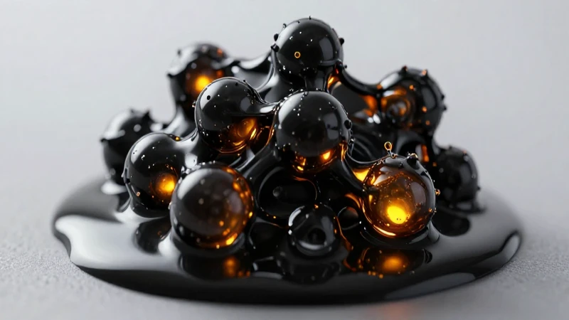 Tar negra viscosa con estructura molecular detallada y luz ámbar