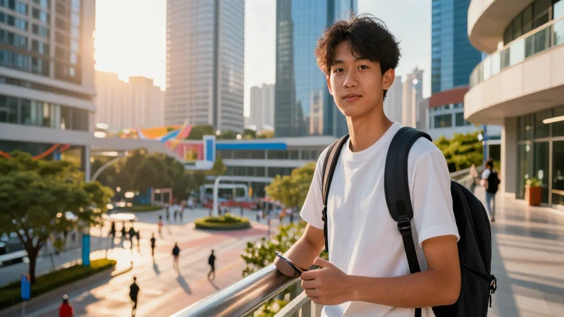 Estudiante en balcón sobre metrópolis vibrante