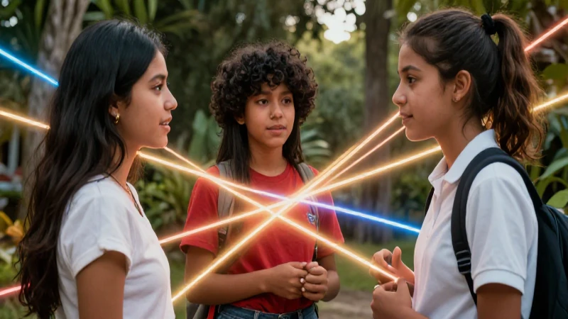 Estudiantes mexicanos intercambian cultura bajo luz vibrante