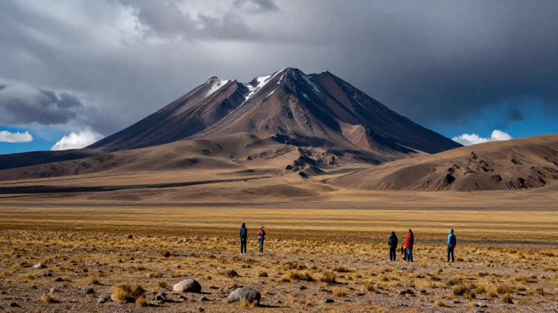 Paisaje andino árido con figuras observando