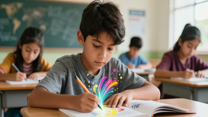 Estudiante creativo en un aula moderna y vibrante
