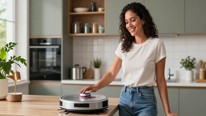 Mujer mexicana sonríe con aspiradora inteligente