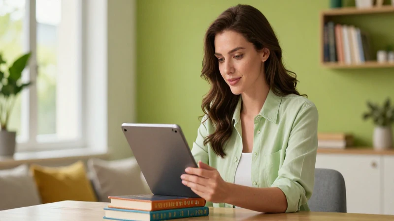 Mujer moderna y empoderada en casa con tablet y libros