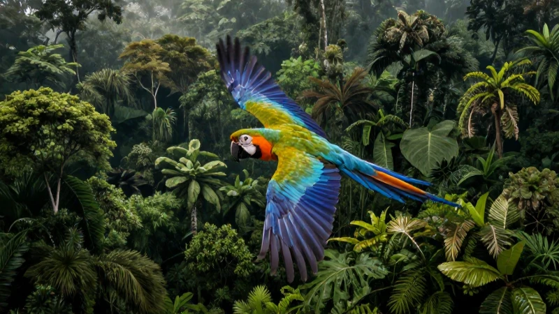 Loro majestuoso sobre exuberante selva amazónica