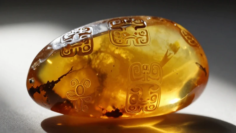 Joya ámbar con símbolos mesoamericanos y luz natural