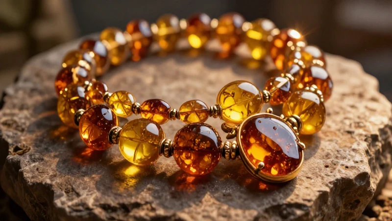 Joyas de ámbar brillantes sobre piedra antigua