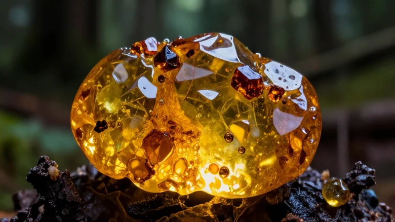 Resina dorada vibrante, fragmentos pulidos en bosque