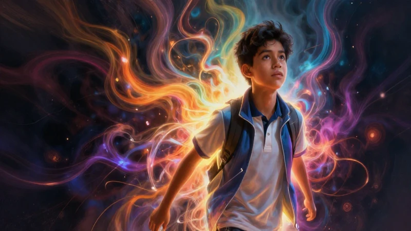 Estudiante mexicano enfocado, camino de luz vibrante
