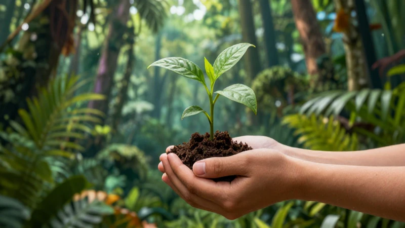Manos cuidan un brote en selva tropical