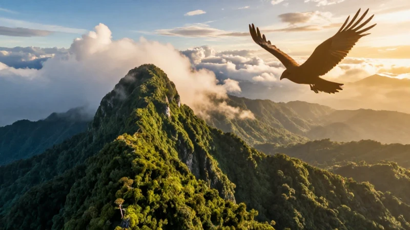 Paisaje montañosos mexicanos con ave en dorado
