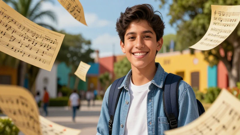 Sonriente estudiante mexicano con música