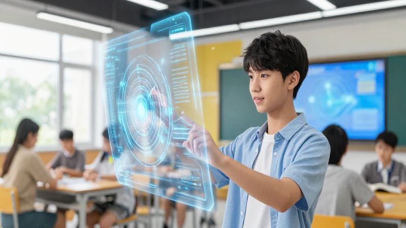 Estudiante moderno con interfaz holográfica futurista vibrante