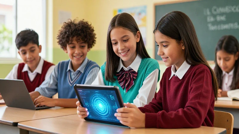 Estudiante sonriente interactúa con tableta digital en clase