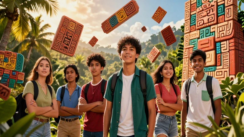 Estudiantes modernos y glifos prehispánicos realistas