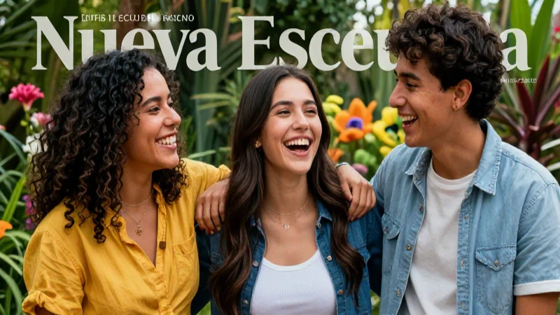 Tres amigos riendo en jardín vibrante y educativo