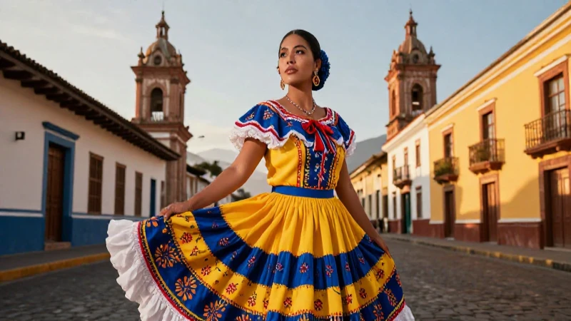 Amorfinos cortos: 15 Ejemplos que Enamoran y Sorprenden 3 Mujer vistosa en traje tradicional con arquitectura colonial
