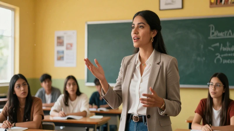 Maestra apasionada en aula mexicana moderna