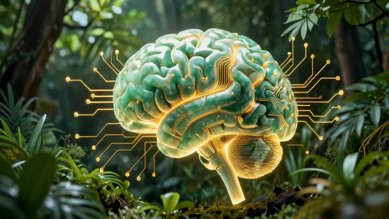 Cerebro de jade y circuitos en bosque luminoso
