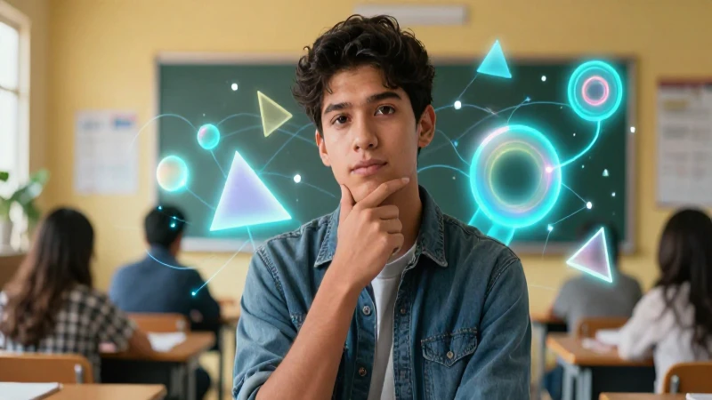 Estudiante mexicano y geometría abstracta vibrante