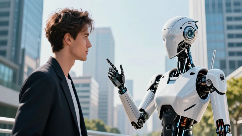 Interacción entre humano y androide futurista