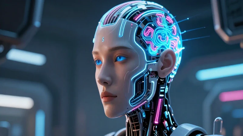 Robótico futurista en laboratorio con circuitos brillantes