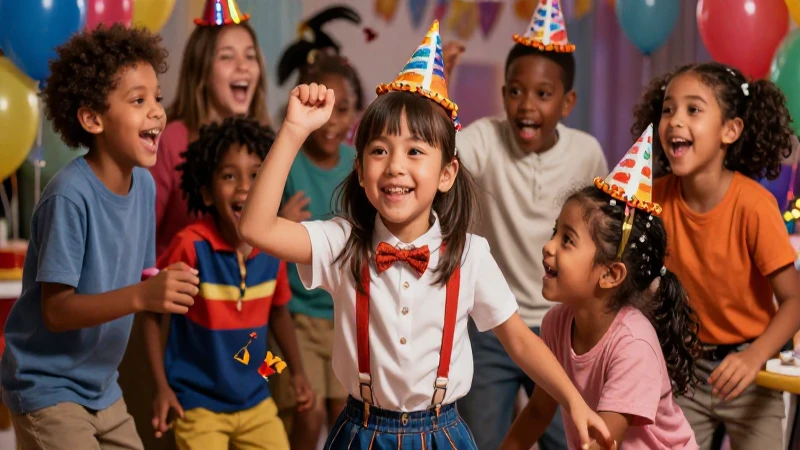Niños jugando en una fiesta vibrante y detallada