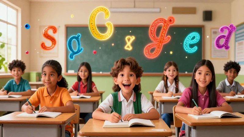 Estudiantes mexicanos aprendiendo con símbolos brillantes