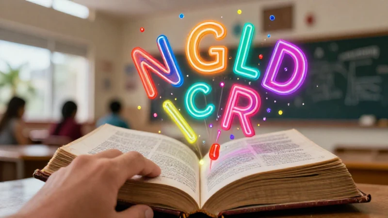 Ilustración vibrante de diccionario y letras neon