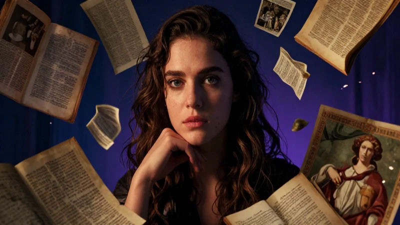 Mujer pensativa rodeada de arte clásico y libros