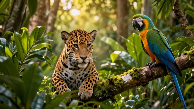 Explora Conoce hábitats de animales de respiración pulmonar 3 Jaguar y guacamaya en entorno selvático detallado