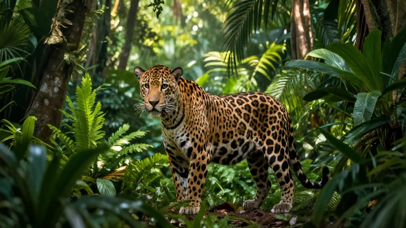 Fascinante jaguar en densa selva tropical