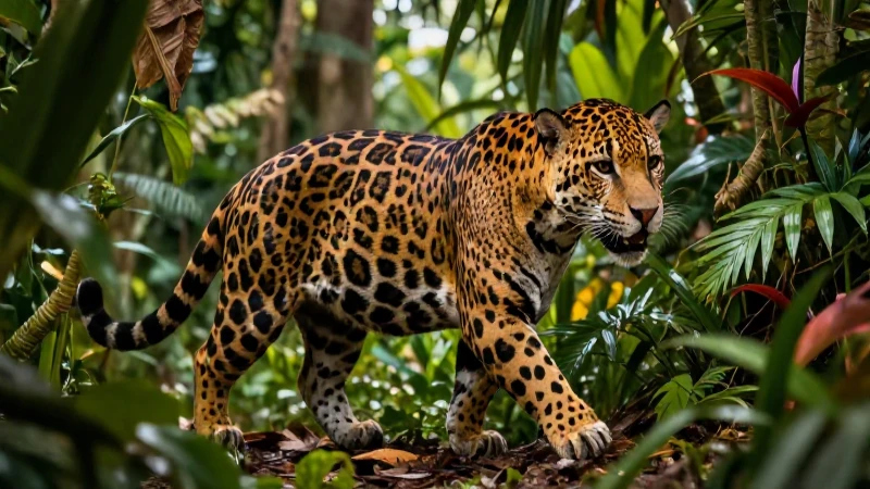 Jaguar dinámico en vibrante selva mexicana