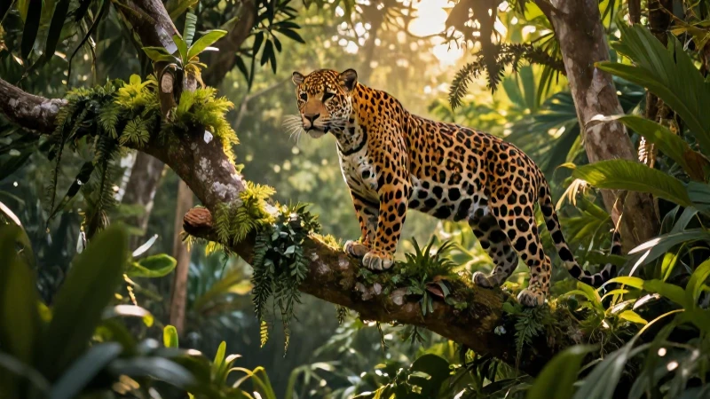 Selva vibrante con jaguar majestuoso al atardecer